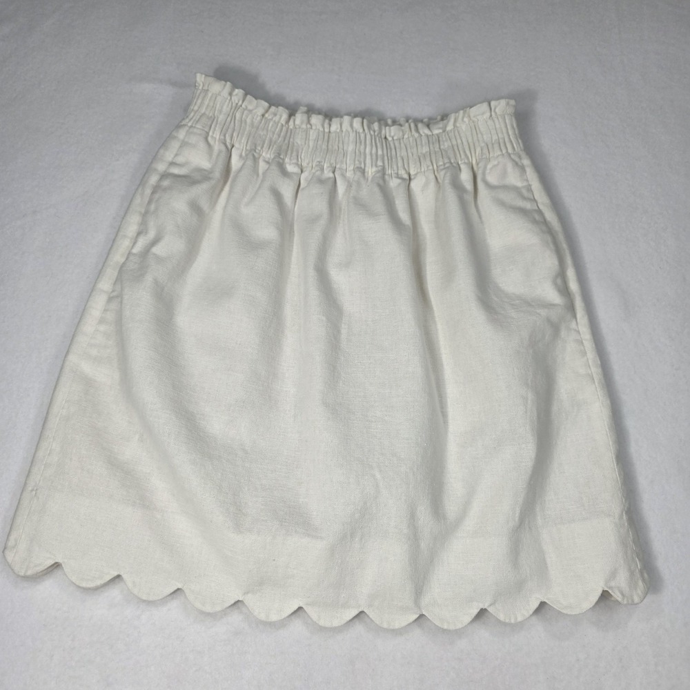 J.Crew Womens Mini Skirt Beige Size 0 Pull On Pockets Scallop Hem Linen Cotton